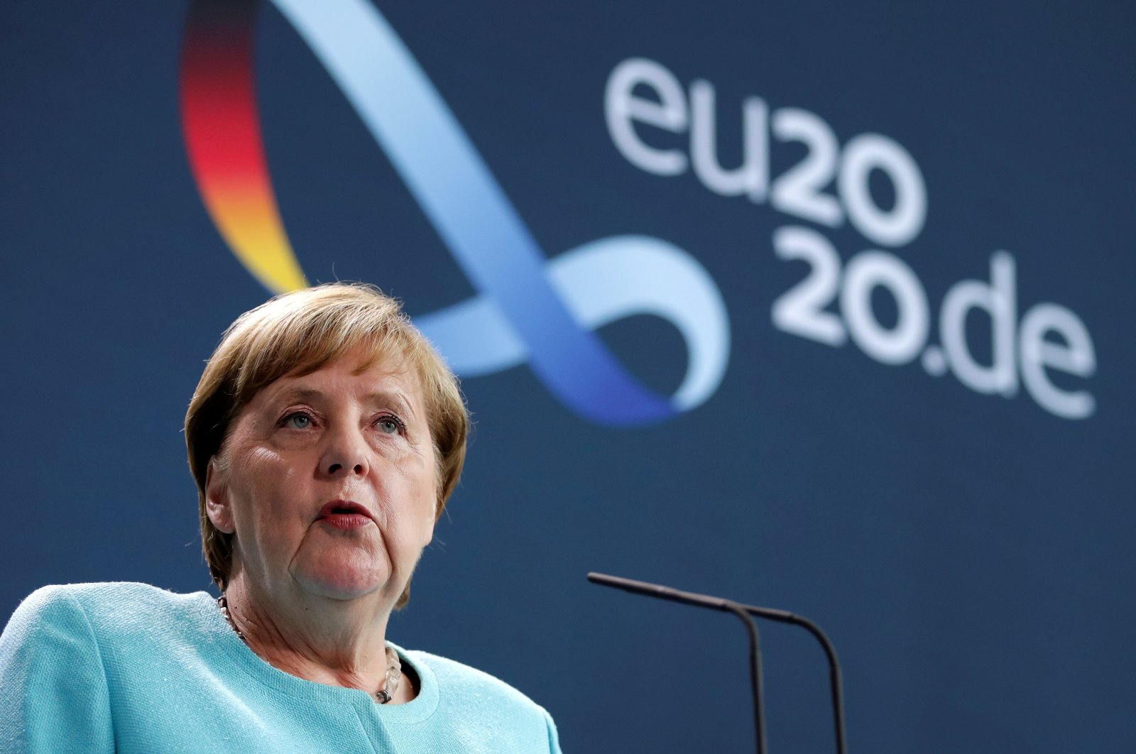 German Chancellor Angela Merkel speaks to reporters after EU leaders held a video summit on the situation in Belarus, at the Chancellery in Berlin, August 19, 2020.  (REUTERS)