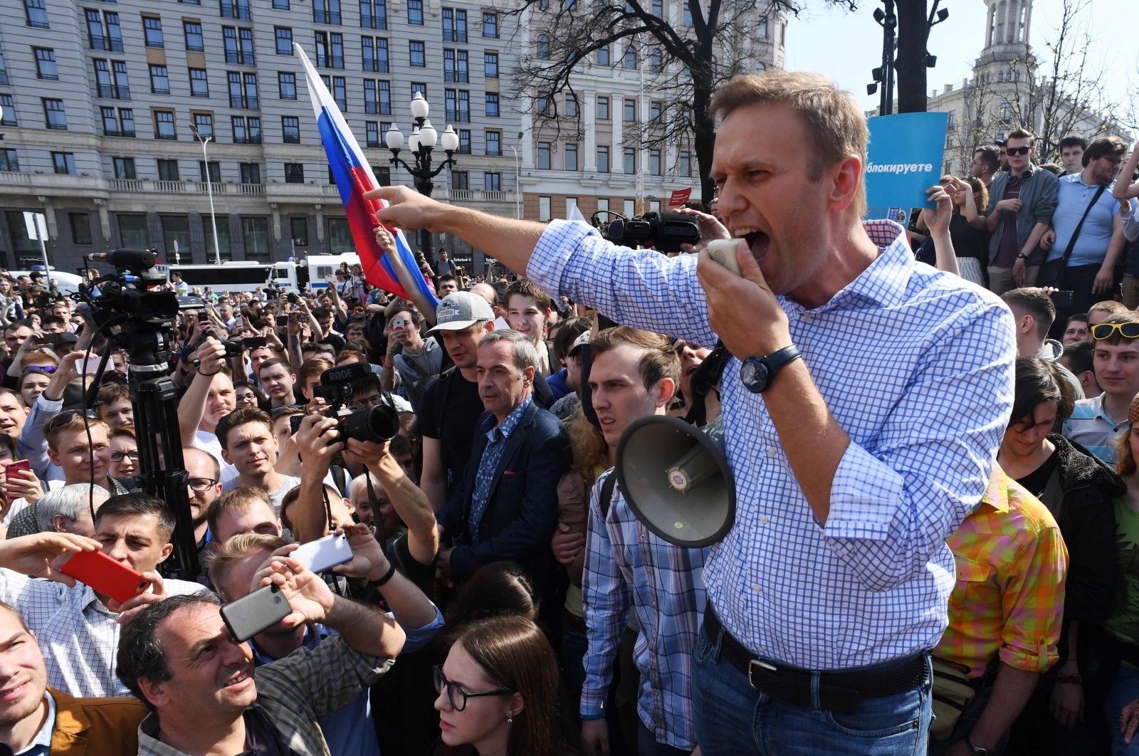 In this file photo taken on May 5, 2018, Russian opposition leader Alexei Navalny addresses supporters during an unauthorized anti-Putin rally in Moscow, two days ahead of Vladimir Putin's inauguration for a fourth Kremlin term. (AFP File Photo)