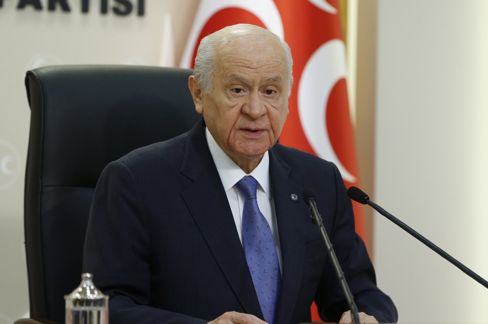 Nationalist Movement Party (MHP) Chairman Devlet Bahçeli speaks during a press conference in his party's Ankara headquarters, Turkey, Aug. 8, 2020 (AA Photo)