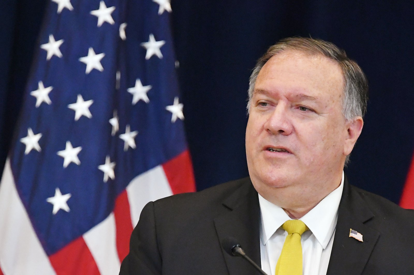 U.S. Secretary of State Michael Pompeo speaks during a press conference with Iraq's Foreign Minister Fuad Hussein at the State Department in Washington, DC, August 19, 2020. (AFP Photo)