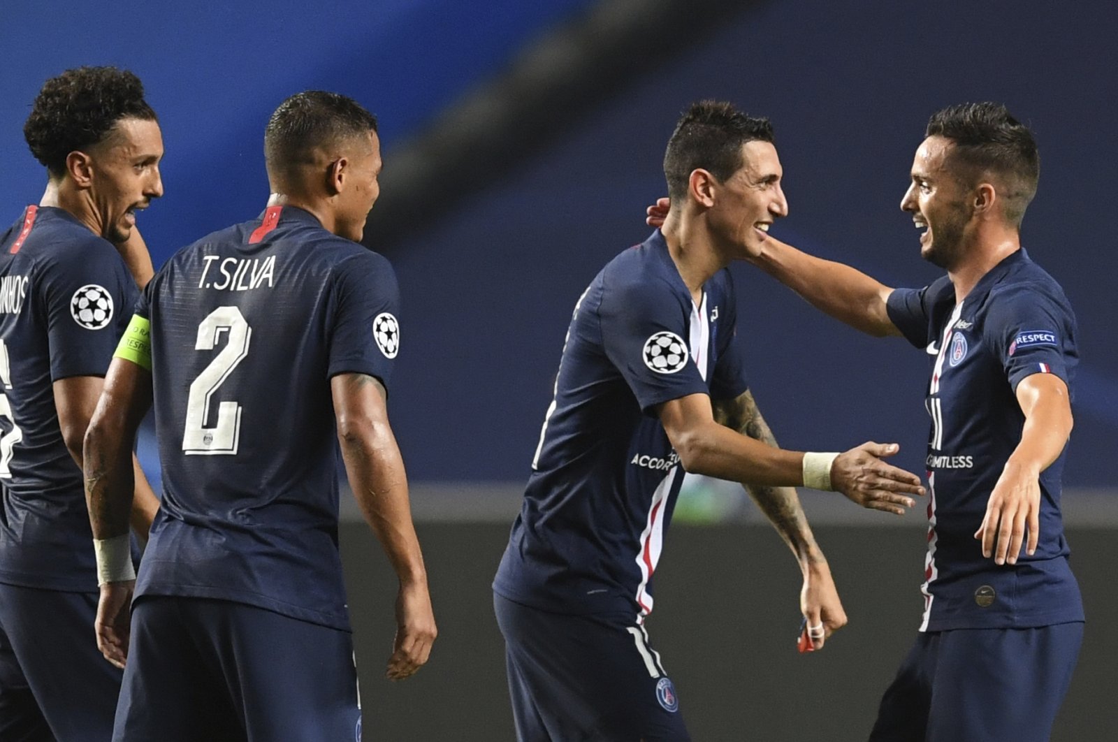PSG players celebrate victory after a Champions League semifinal match against RB Leipzig in Lisbon, Portugal, Aug. 18, 2020. (AP Photo)