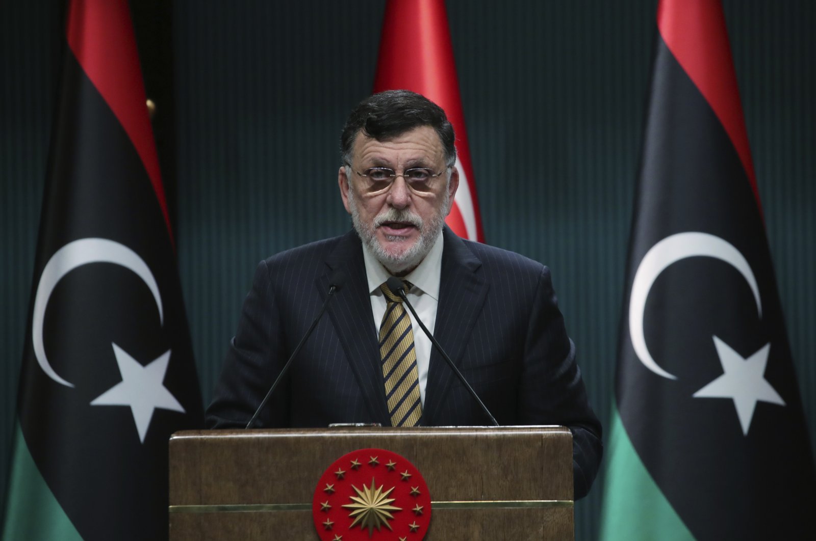Fayez Sarraj, the head of Libya's internationally recognized Government of National Accord (GNA), speaks at a news conference in Ankara, Turkey, June 4, 2020. (AP Photo)