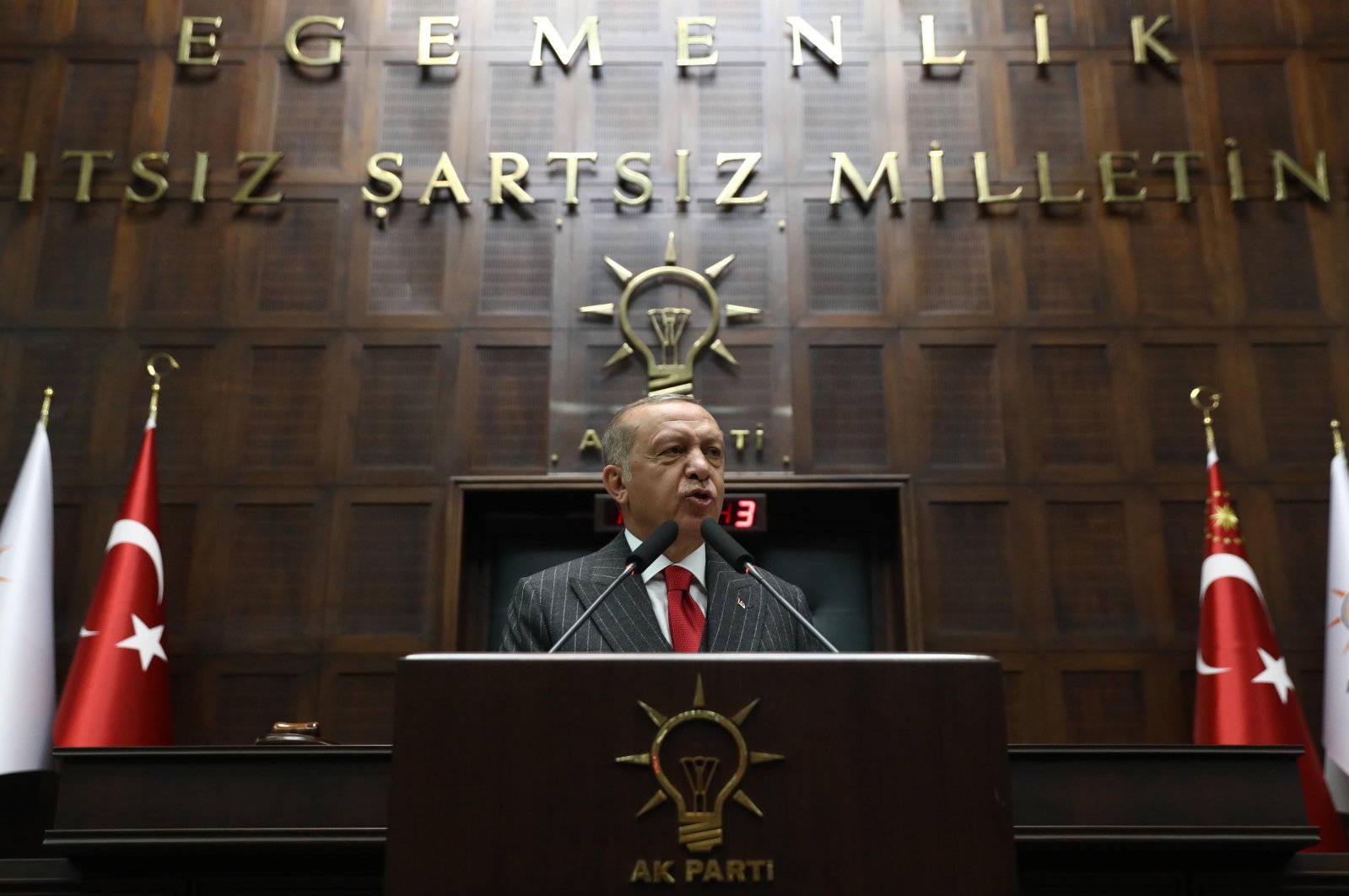 President and the ruling Justice and Development Party's (AK Party) leader Recep Tayyip Erdoğan addresses party members during a parliamentary group meeting in Ankara, May 7, 2019. (AFP Photo)