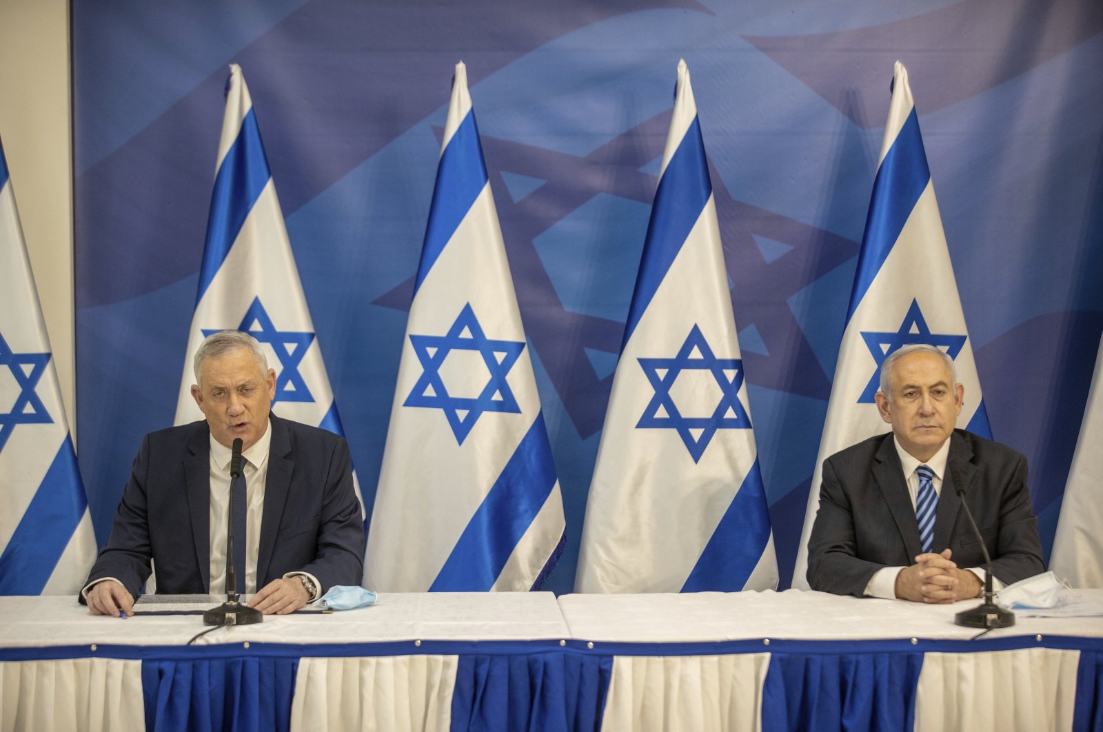 Israeli Prime Minister Benjamin Netanyahu and Israeli Defense Minister Benny Gantz issue a statement at the Israeli Defense Ministry in Tel Aviv, Israel, July 27, 2020. (AP Photo)
