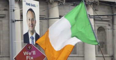 Election posters are displayed on lampposts in Dublin, Ireland, Feb. 7, 2020. (AP Photo)