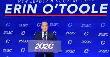 Conservative Party of Canada Leader Erin O'Toole speaks after his win at the 2020 Leadership Election in Ottawa, Ontario, Aug. 23, 2020. (AP Photo)