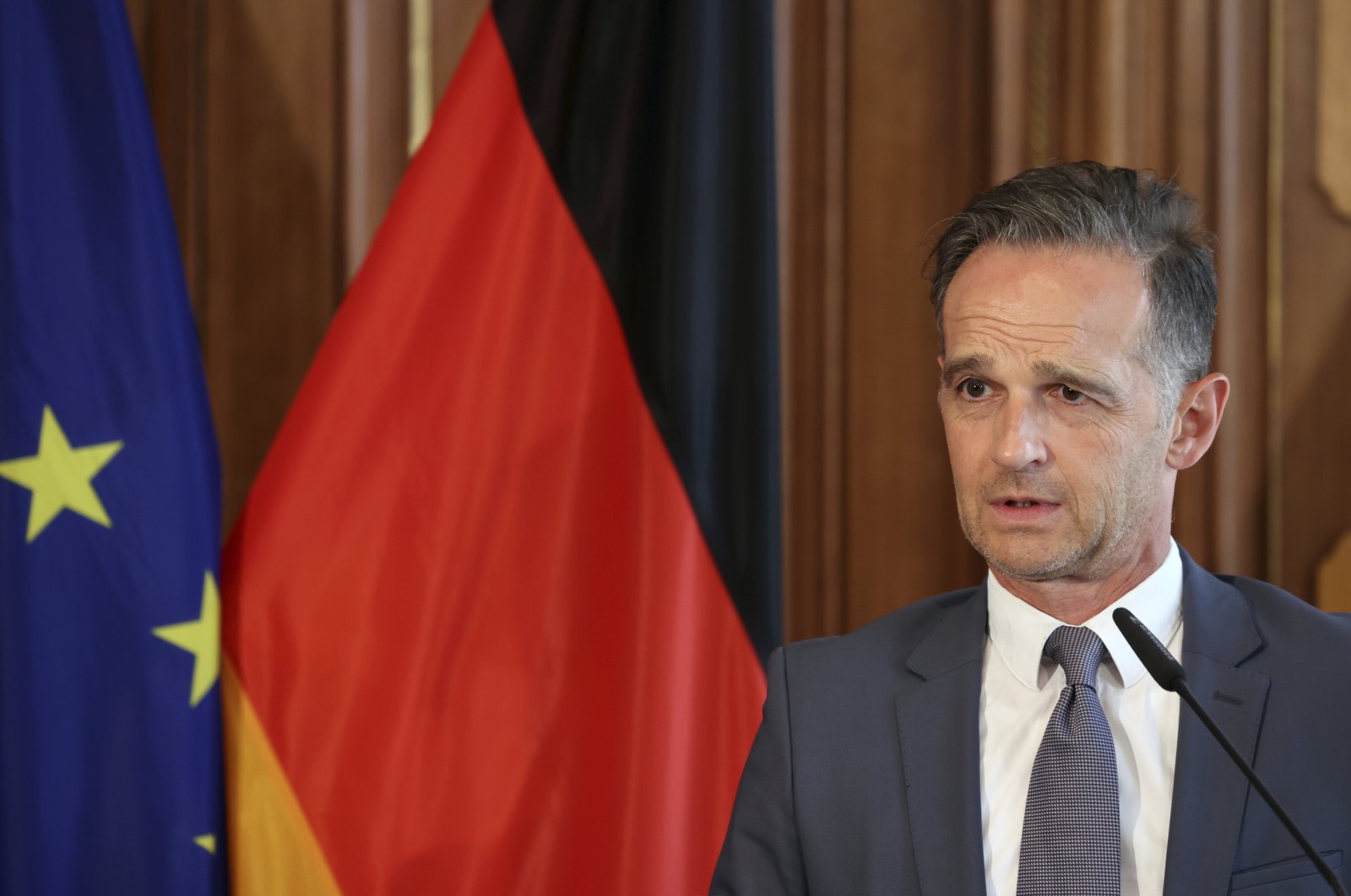 German Foreign Minister Heiko Maas addresses the media during a joint news conference with Norway's Foreign Minister Ine Marie Eriksen Soreide in Berlin, Germany, Aug. 13, 2020. (AP Photo)