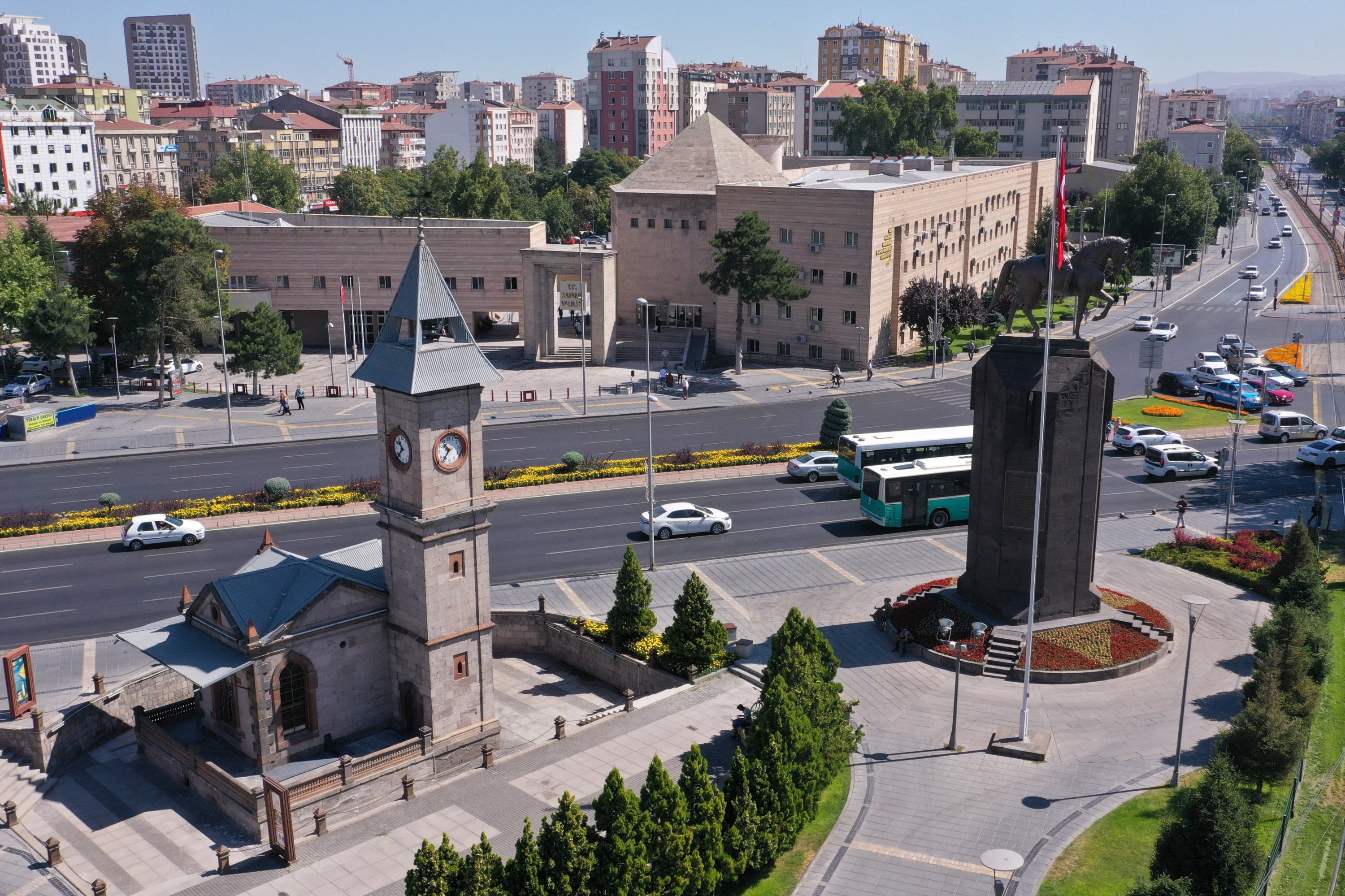 The clock tower in central Kayseri province’s Cumhuriyet Square, Turkey, Aug. 24, 2020. (AA Photo)