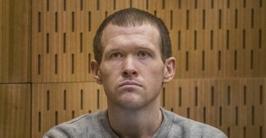 Brenton Tarrant sits in the dock at the Christchurch High Court for day two of sentencing, Christchurch, Aug. 25, 2020. (AP Photo)