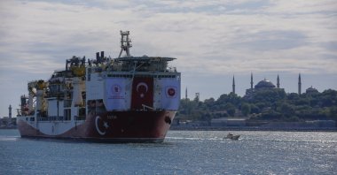 Turkey's drilling ship, Fatih, heads toward the Black Sea with Hagia Sophia Grand Mosque in the background, Istanbul, Turkey, May 29, 2020. (AP Photo)