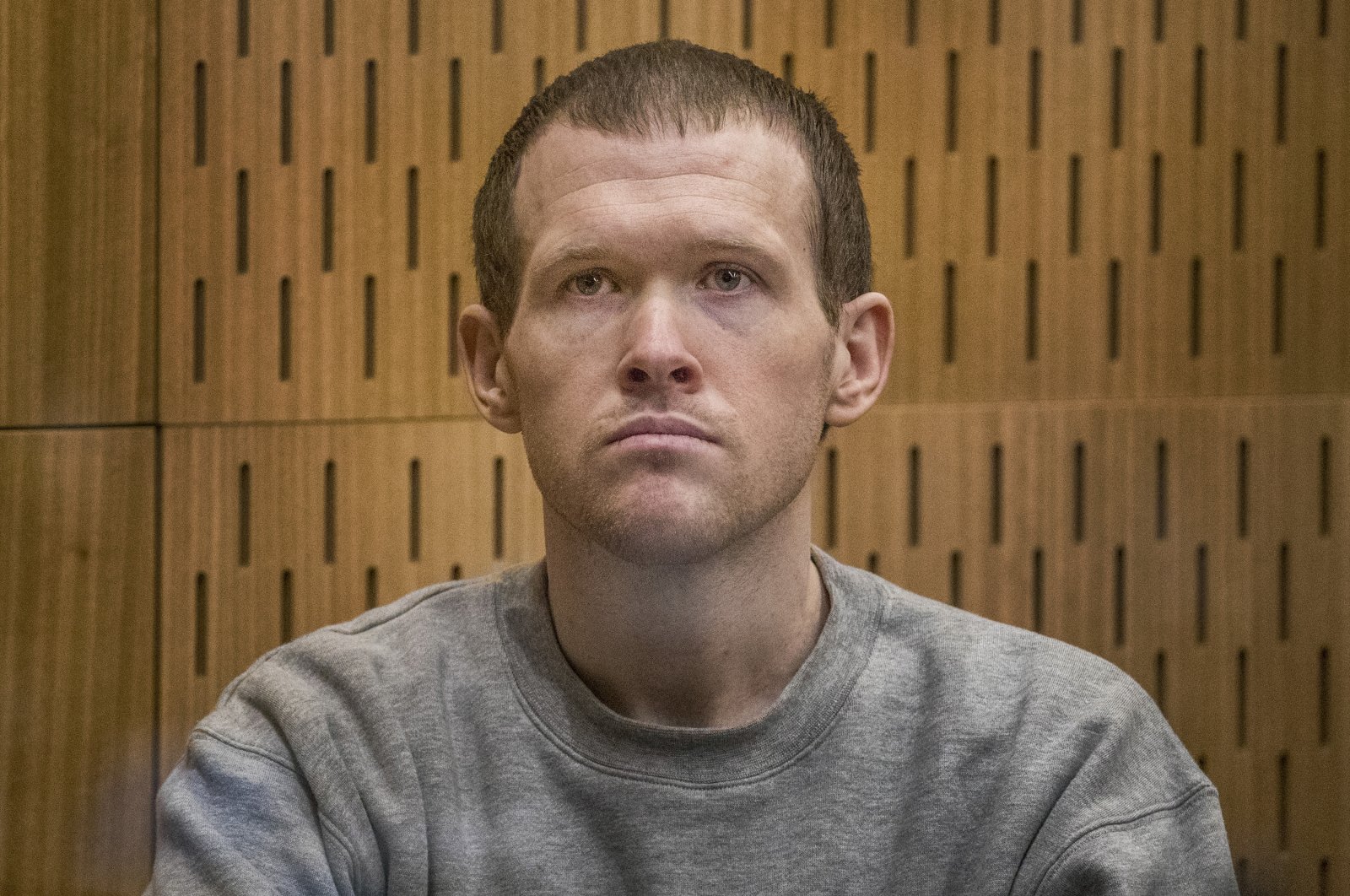 Brenton Tarrant sits in the dock at the Christchurch High Court for day two of sentencing, Christchurch, Aug. 25, 2020. (AP Photo)