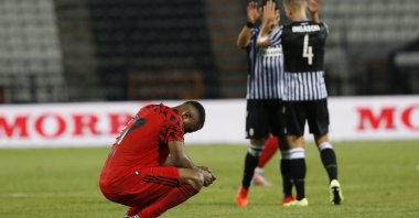 Beşiktaş's Cyle Larin reacts after the UEFA Champions League qualification match against PAOK in Thessaloniki, Greece, Aug. 25, 2020. (AA Photo)