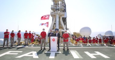 Treasury and Finance Minister Berat Albayrak speaks on the deck of drilling vessel Fatih in the western Black Sea, off Turkey, Aug. 21, 2020. (Reuters Photo)
