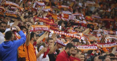Galatasaray's fans celebrate ahead of the Champions League Group D football match between Galatasaray and Lokomotiv Moscow in Istanbul, Turkey, Sept. 18, 2018. (AP Photo)