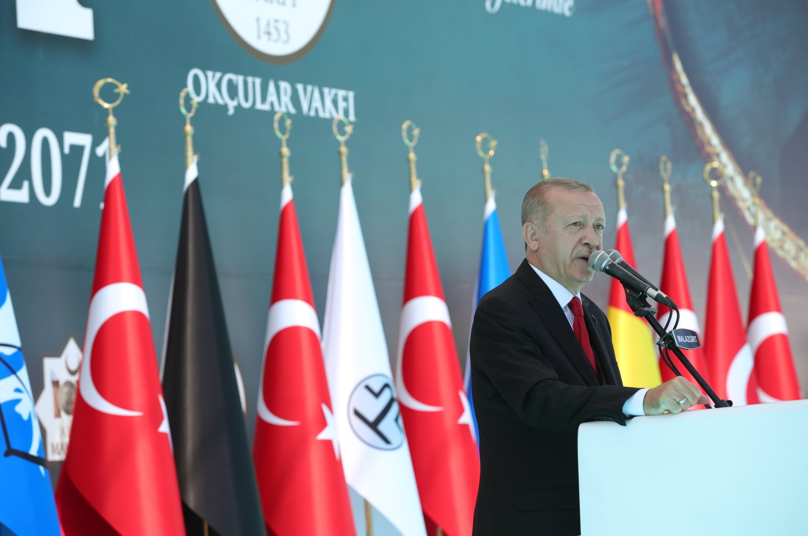 President Recep Tayyip Erdoğan speaks at the 949th anniversary of the Victory of Manzikert in the Ahlat district of eastern Bitlis province, Turkey, Aug. 26, 2020. (AA Photo)