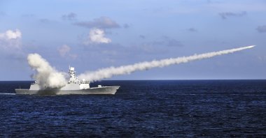 In this file photo, Chinese missile frigate Yuncheng launches an anti-ship missile during a military exercise in the waters near south China's Hainan Island and Paracel Islands, July 8, 2016. (AP Photo)