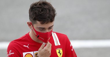 Ferrari driver Charles Leclerc before the practice session for the Formula 1 Spanish Grand Prix in Montmelo, Spain, Aug. 14, 2020. (AP Photo)
