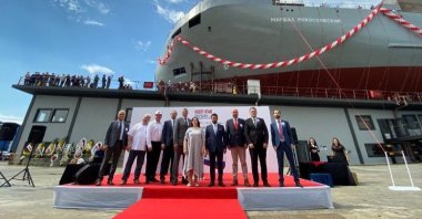 FSUE Rosmorport and Kuzey Star Shipyard officials are seen in front of the Marshal Rokossovsky ferry during its launching ceremony in Tuzla, Istanbul, Turkey, Aug. 21, 2020. (Photo courtesy of FSUE Rosmorport)