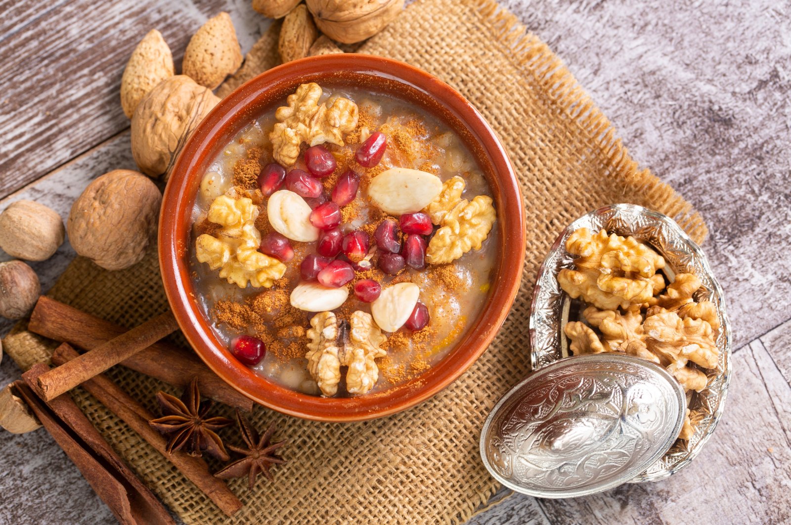 Ashura is made of coarsely ground wheat, chickpeas, beans, rice, apricots, grapes, berries and other fruits. (Shutterstock Photo)