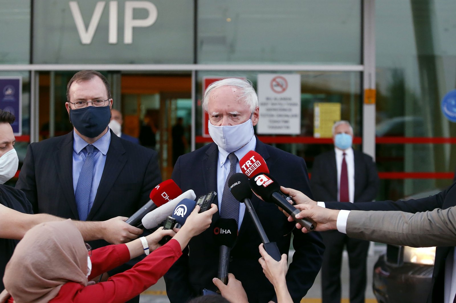 U.S. Special Representative for Syria James Jeffrey (C) speaks to the press after arriving at Esenboğa Airport in Ankara, Aug. 26, 2020. (AFP Photo)