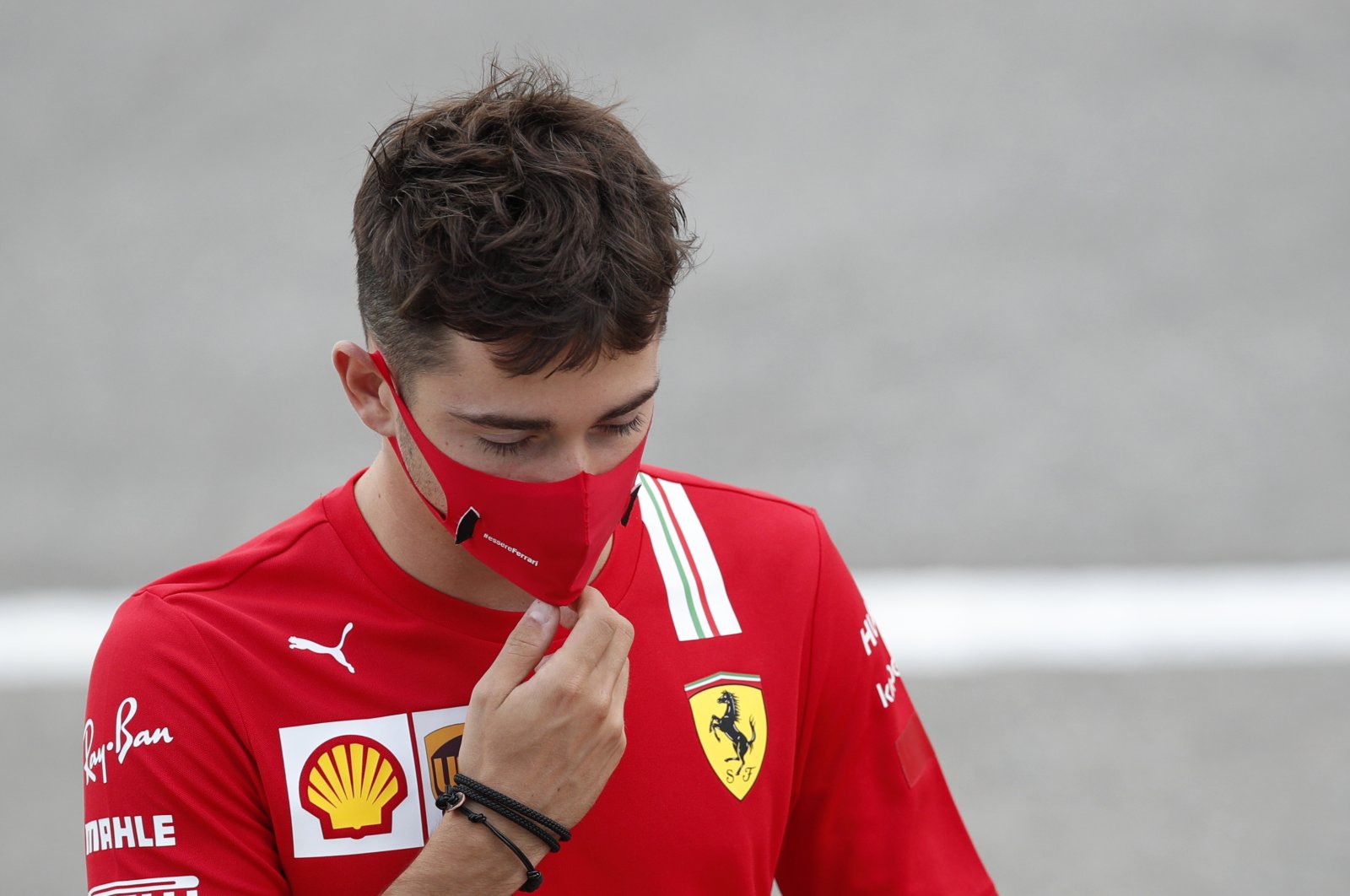Ferrari driver Charles Leclerc before the practice session for the Formula 1 Spanish Grand Prix in Montmelo, Spain, Aug. 14, 2020. (AP Photo)