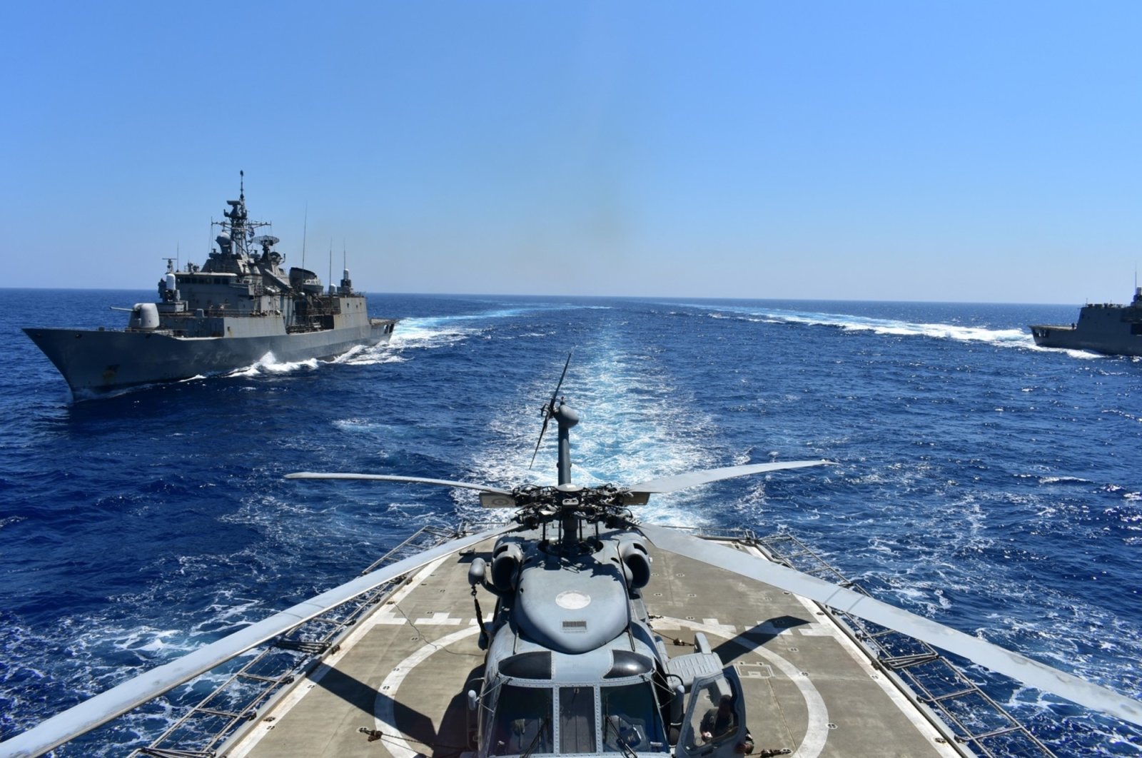 Greek warships take part in a military exercise in Eastern Mediterranean sea, Aug. 25, 2020. (AP Photo)