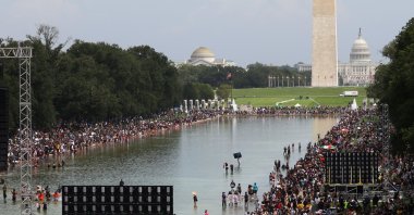 People gather around the Lincoln Memorial Reflecting Pool during the 'Get Your Knee Off Our Necks' march in support of racial justice, in Washington, U.S., Aug. 28, 2020. (Reuters Photo)