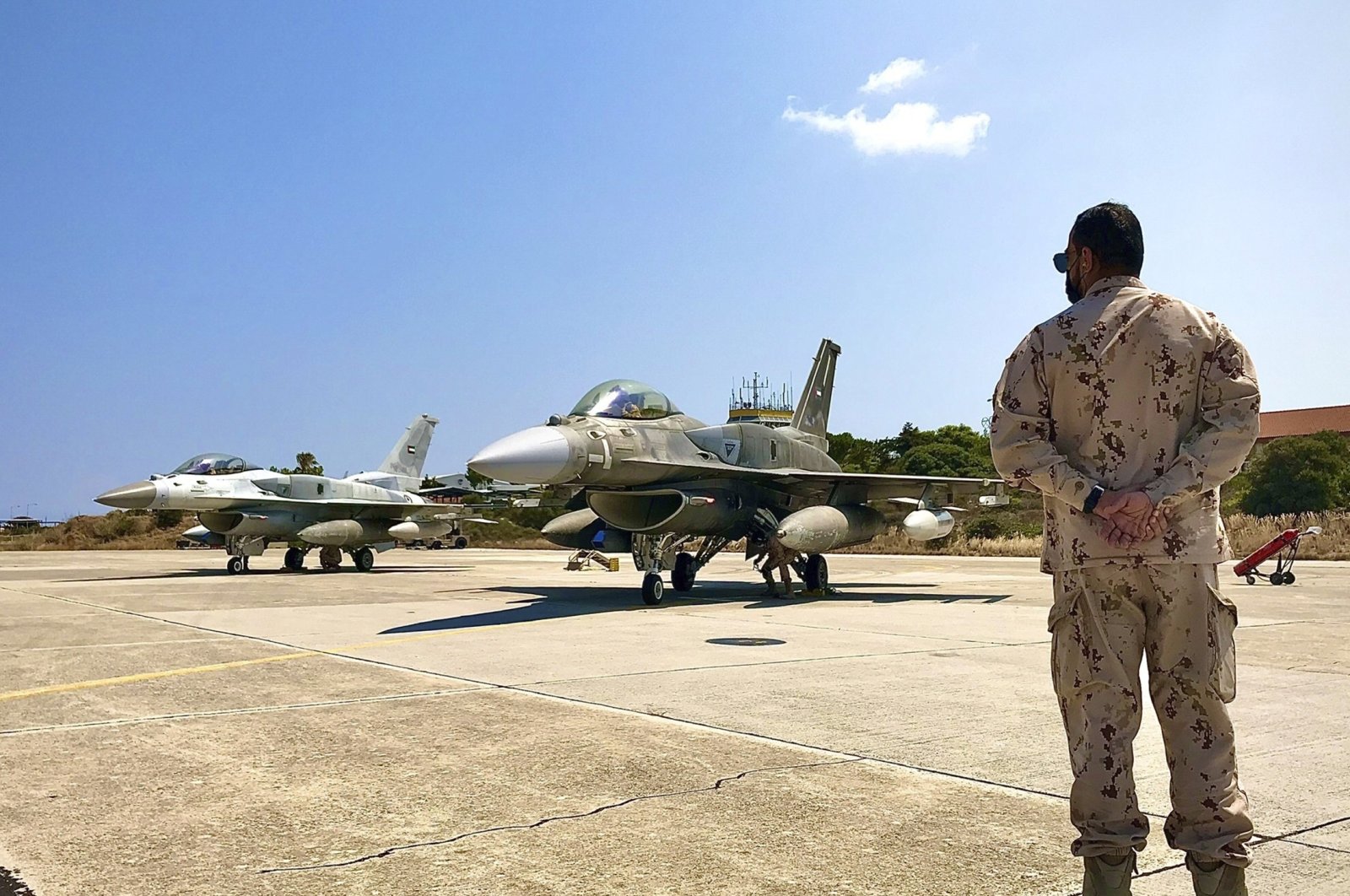 In this photo provided by the Greek Defense Ministry, air force jets from the United Arab Emirates (UAE) arrive at the Souda air base to take part in joint training with Greek forces, on the southern island of Crete, Greece, Aug. 27, 2020. (AP Photo)