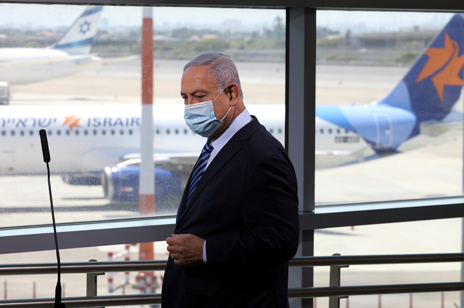 Israeli Prime Minister Benjamin Netanyahu prepares to give a statement at Ben Gurion International Airport, in Lod, near Tel Aviv, Israel on Aug. 17, 2020. (Reuters Photo)