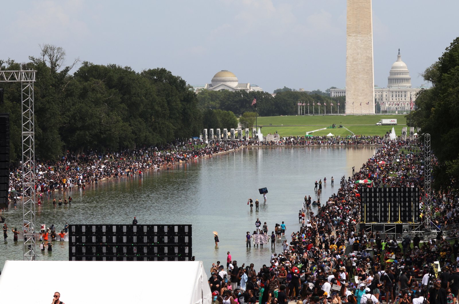 People gather around the Lincoln Memorial Reflecting Pool during the 'Get Your Knee Off Our Necks' march in support of racial justice, in Washington, U.S., Aug. 28, 2020. (Reuters Photo)