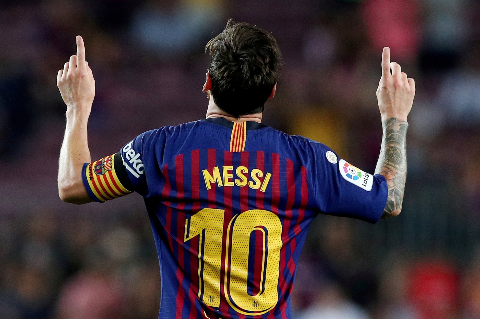 Lionel Messi celebrates a goal in a match against Alaves, in Barcelona, Spain, Aug. 18, 2018. (REUTERS Photo)   