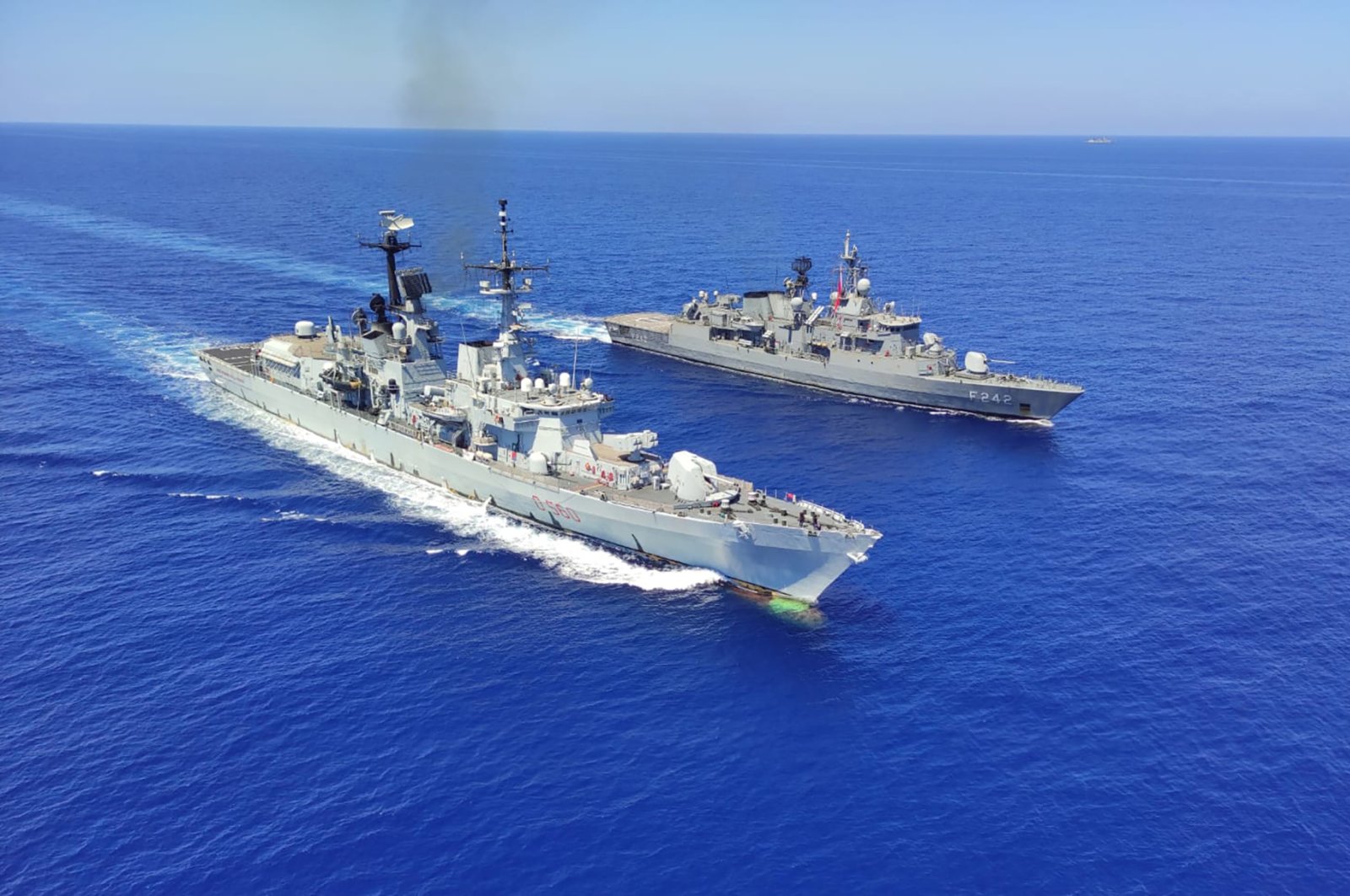 Italian destroyer ITS Durand De La Penne, left, along with Turkish frigates TCG Göksu and TCG Fatih conduct maritime trainings in the Eastern Mediterranean, Aug. 25, 2020. (AP Photo)