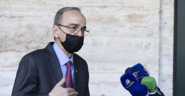 Constitutional Committee co-Chair Hadi al-Bahra speaks to reporters following the announcement of the suspension of the conference due to cases of COVID-19, at the European headquarters of the United Nations in Geneva, Switzerland, Aug. 24, 2020. (AP Photo)