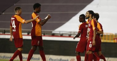 Galatasaray players celebrate a goal against Antalyaspor, in Antalya, southern Turkey, Jul. 28, 2020. (AA Photo) 