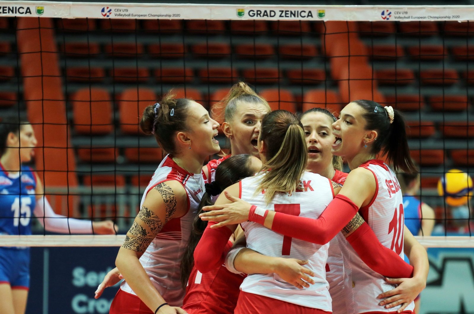 Turkey's U19 women's volleyball team celebrates after defeating Serbia in the CEV final match, in Zenica, Bosnia-Herzegovina, Aug. 30, 2020. (DHA Photo)