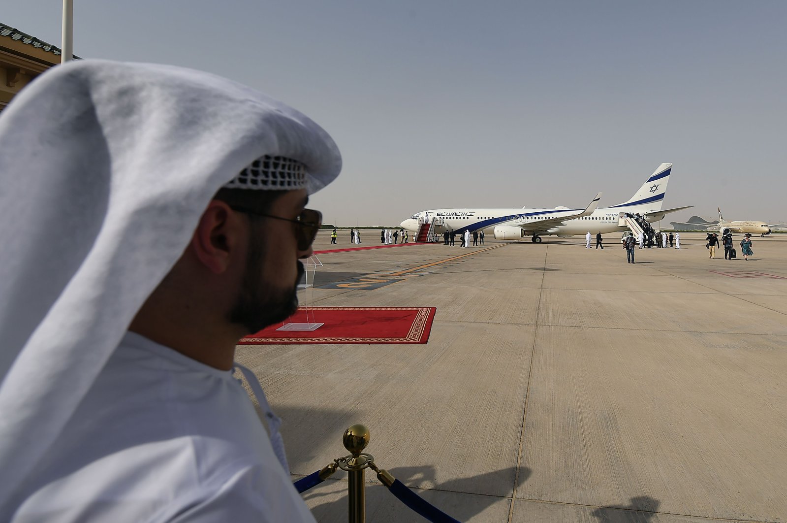 El Al's airliner, carrying a U.S.-Israeli delegation, lands on the tarmac at the Abu Dhabi International Airport, Abu Dhabi, United Arab Emirates, Aug. 31, 2020. (AFP Photo)