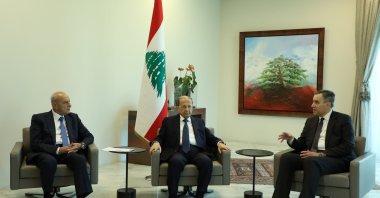 Designated Prime Minister Mustapha Adib, meets with Lebanon's President Michel Aoun and Lebanese Speaker of the Parliament Nabih Berri at the presidential palace in Baabda, Lebanon Aug. 31, 2020. (Reuters Photo)