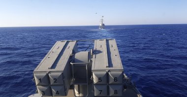 Warships take part in a Greek-U.S. military exercise south of the island of Crete, Aug. 24, 2020. (AP Photo)