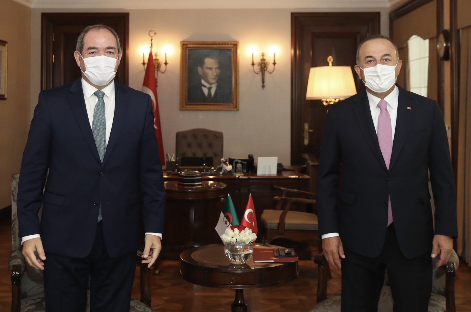 Foreign Minister Mevlüt Çavuşoğlu (R) stands beside his Algerian counterpart Sabri Boukadoum in Ankara, Turkey, Sept. 1, 2020. (AA Photo)