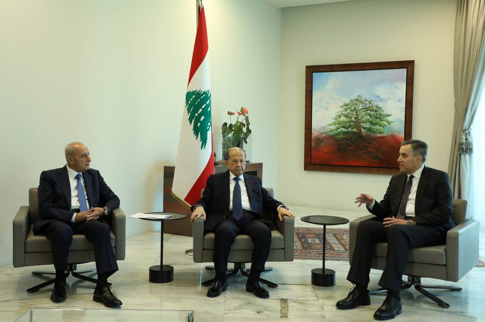 Designated Prime Minister Mustapha Adib, meets with Lebanon's President Michel Aoun and Lebanese Speaker of the Parliament Nabih Berri at the presidential palace in Baabda, Lebanon Aug. 31, 2020. (Reuters Photo)