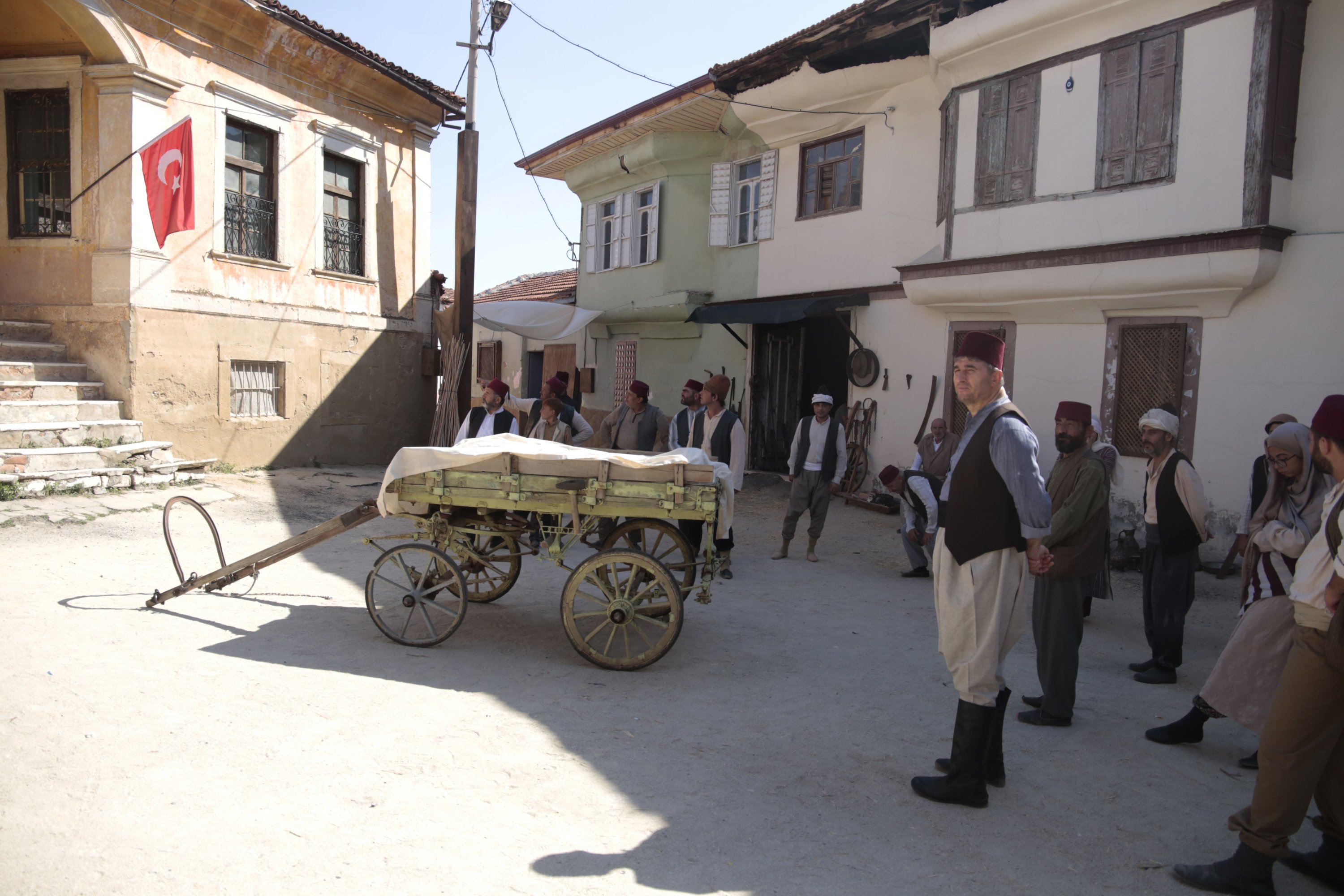A photo from the filming of 'Muallim' in front of historical Kula houses, Manisa, western Turkey, Aug. 31, 2020. (AA PHOTO)