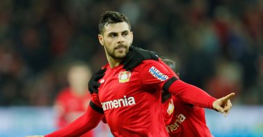 Kevin Volland celebrates a goal against Borussia Dortmund, Leverkusen, Germany, Feb. 8, 2020. (Reuters Photo)