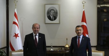 Vice President Fuat Oktay receives TRNC Prime Minister Ersin Tatar at the Presidential Complex in Ankara, Aug. 4, 2020. (AA Photo)