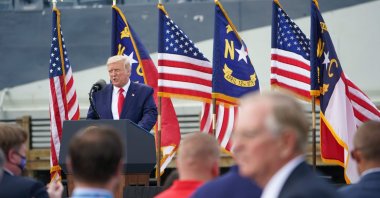 U.S. President Donald Trump speaks at the Battleship North Carolina in Wilmington, North Carolina on the 75th anniversary of the end of World War II, Sept. 2, 2020. (AFP Photo)