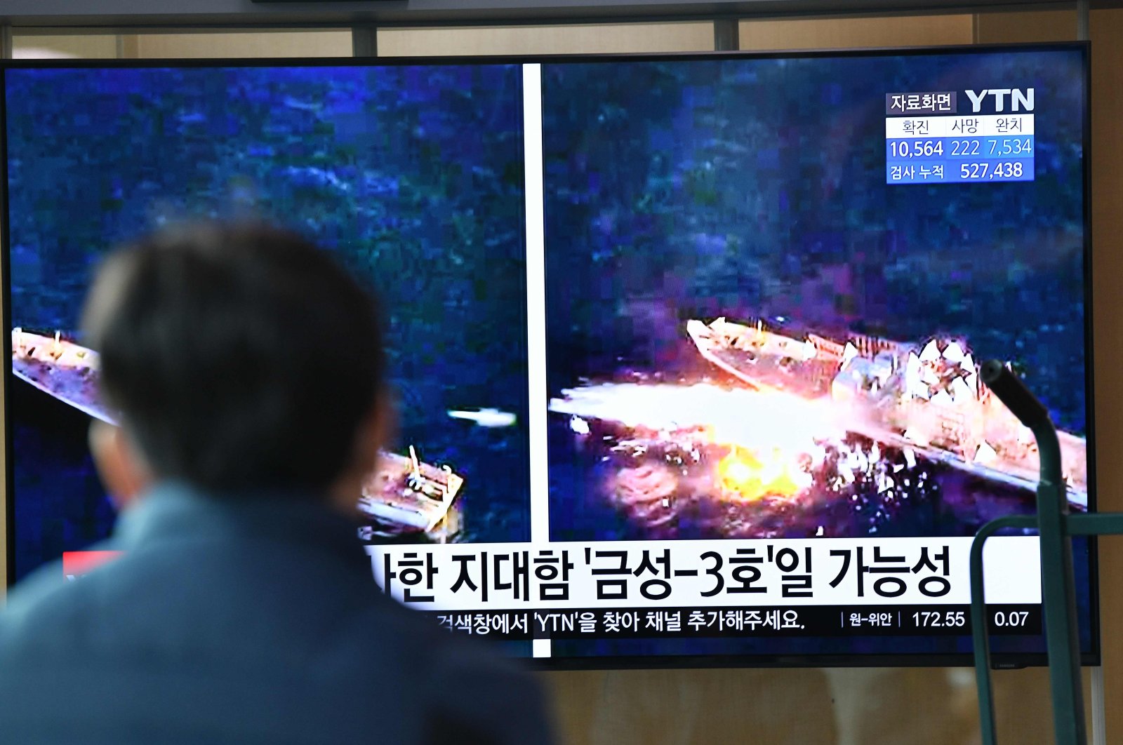 A man watches a television news broadcast showing file footage of a North Korean missile test, at a railway station in Seoul, April 14, 2020.