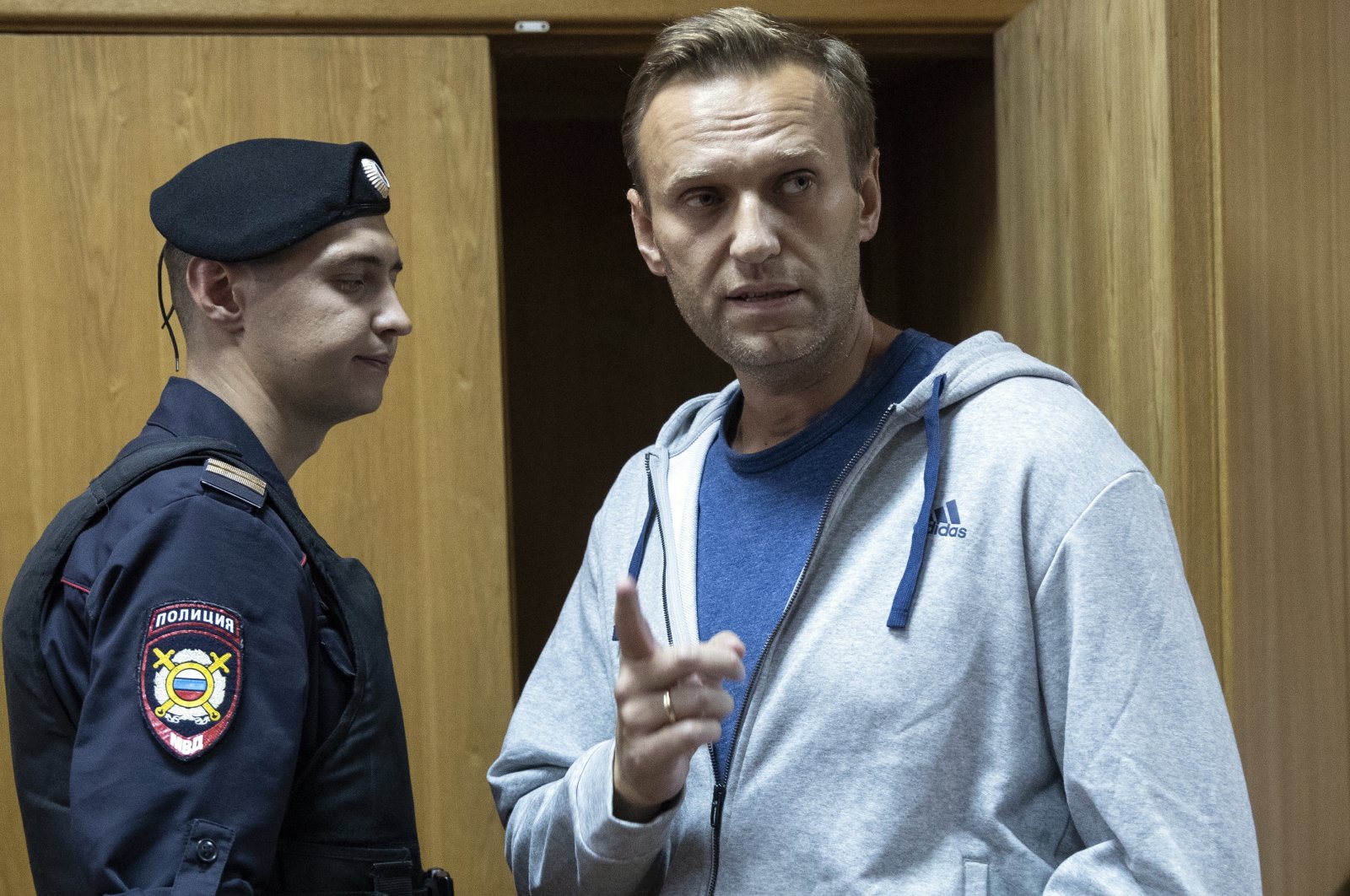 Russian opposition leader Alexei Navalny gestures while speaking in a courtroom in Moscow, Russia, Aug. 27, 2018. (AP Photo)