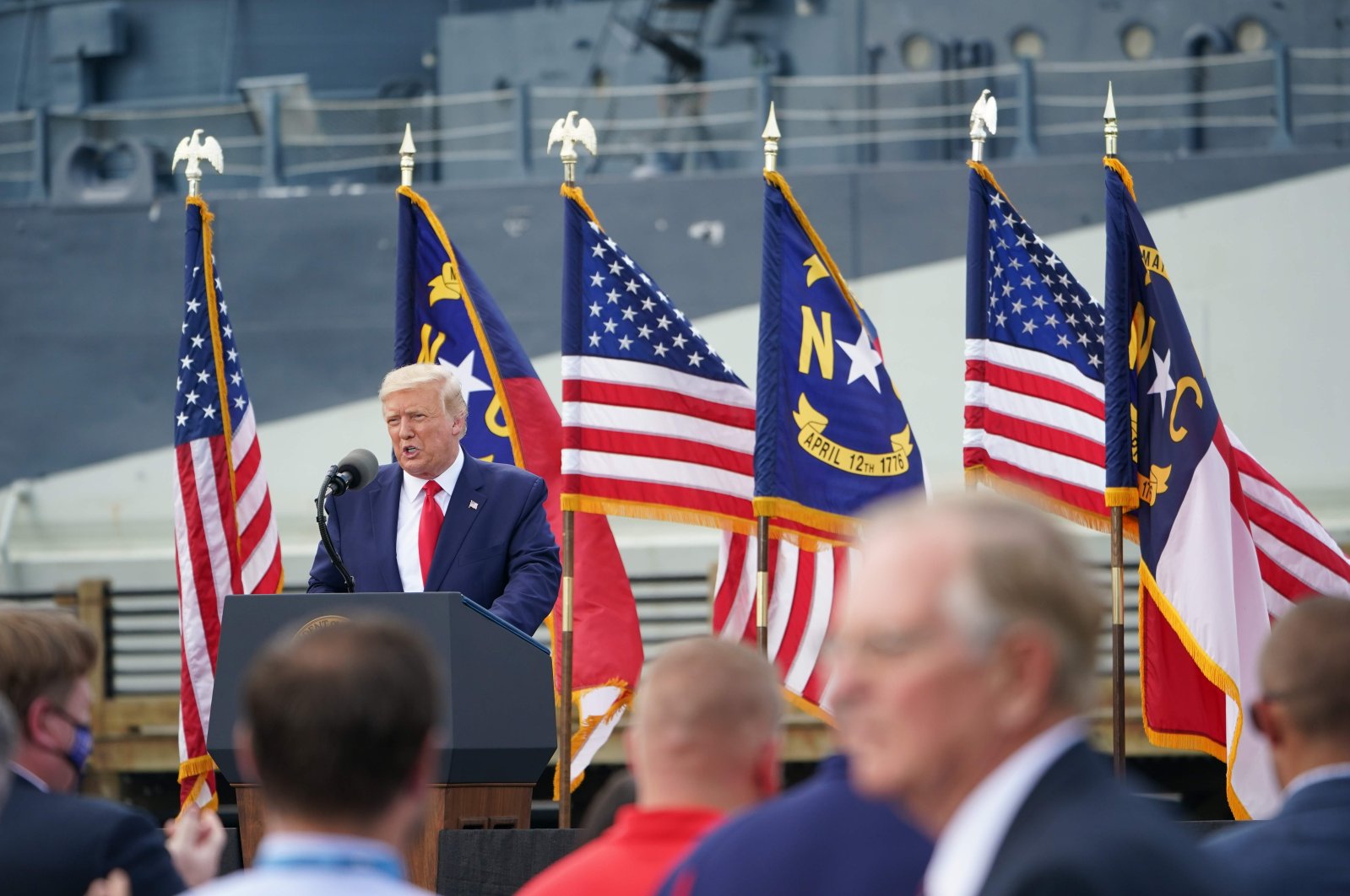 U.S. President Donald Trump speaks at the Battleship North Carolina in Wilmington, North Carolina on the 75th anniversary of the end of World War II, Sept. 2, 2020. (AFP Photo)