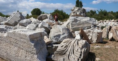 Stone objects founded at the excavation site of Hadrian Temple, Balıkesir province, western Turkey, Sept. 2, 2020. (AA PHOTO)