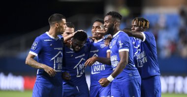 Troyes players celebrate a goal during a French Ligue 2 match against Le Havre, in Troyes, France, Aug. 24, 2020. (Reuters Photo)