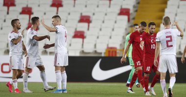 Hungary players celebrate after their win against Turkey in the UEFA Nations League match at the Yeni Sivas 4 Eylül Stadium, Sivas, central Turkey. Sept. 3, 2020. (Reuters Photo)